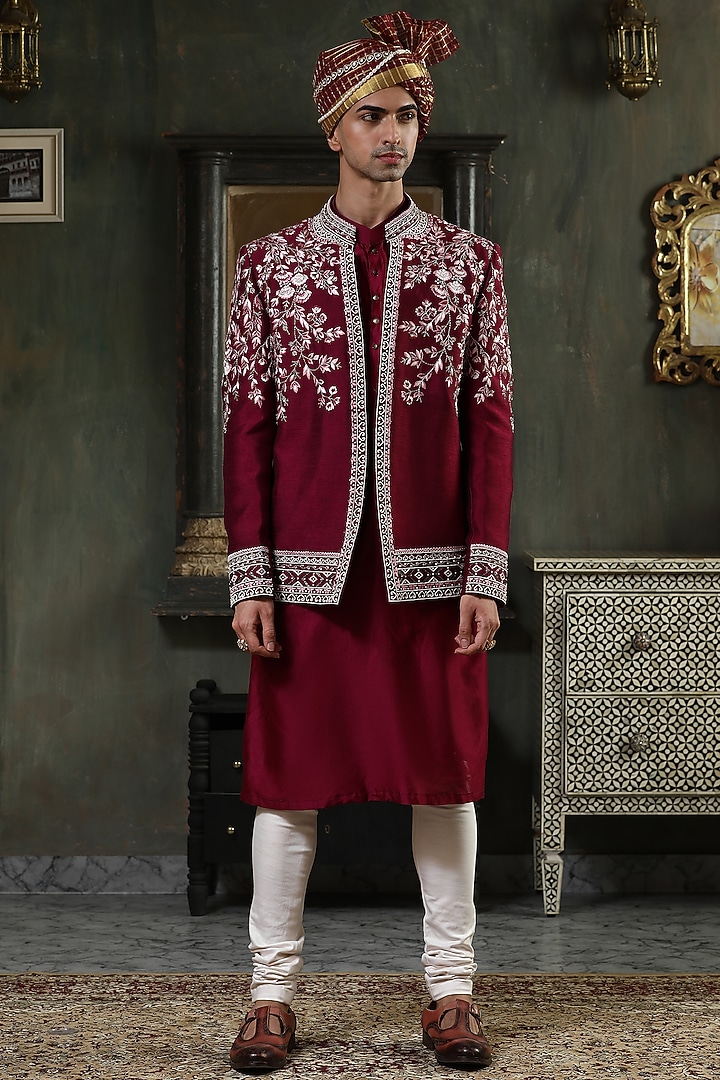 Wine Raw Silk Zardosi Embroidered Indowestern Set by Kudrat Couture