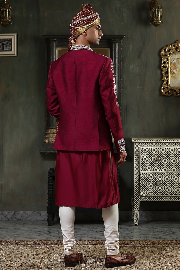 Wine Raw Silk Zardosi Embroidered Wedding Indowestern Set by Kudrat Couture at Pernia's Pop Up Shop
