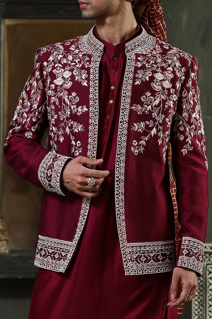 Wine Raw Silk Zardosi Embroidered Wedding Indowestern Set by Kudrat Couture at Pernia's Pop Up Shop