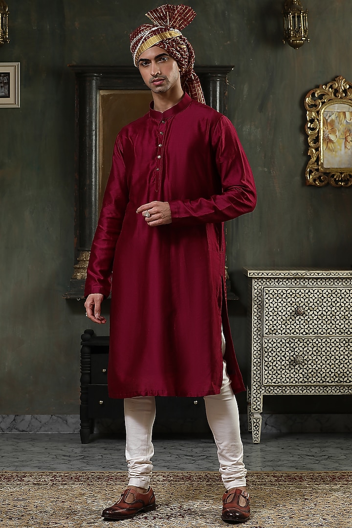 Wine Raw Silk Zardosi Embroidered Wedding Indowestern Set by Kudrat Couture at Pernia's Pop Up Shop