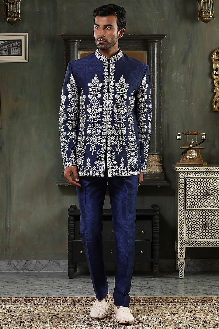 Blue Raw Silk Zari Embroidered Bandhgala Set by Kudrat Couture
