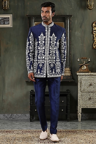 Blue Raw Silk Zari Embroidered Bandhgala Set by Kudrat Couture