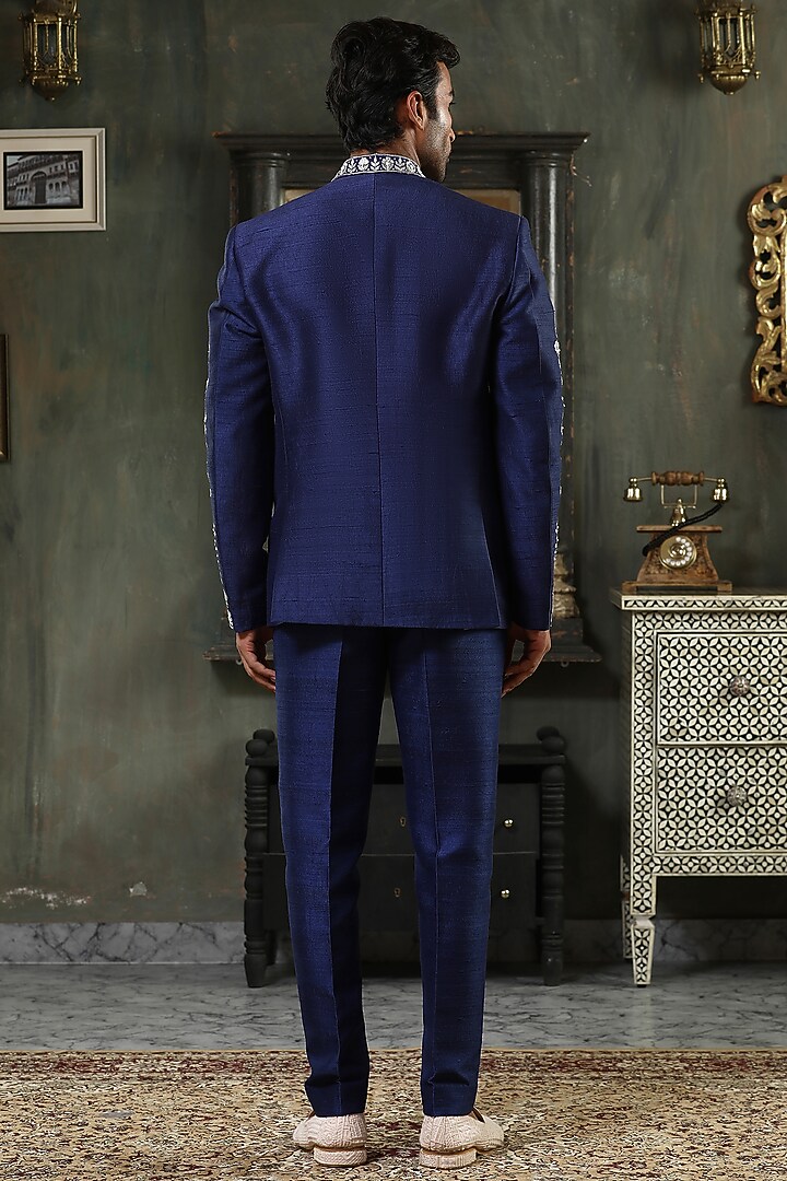 Blue Raw Silk Zari Embroidered Wedding Bandhgala Set by Kudrat Couture at Pernia's Pop Up Shop