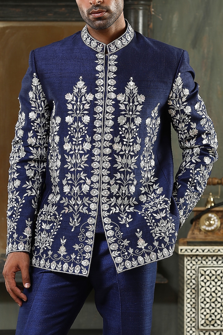 Blue Raw Silk Zari Embroidered Wedding Bandhgala Set by Kudrat Couture at Pernia's Pop Up Shop