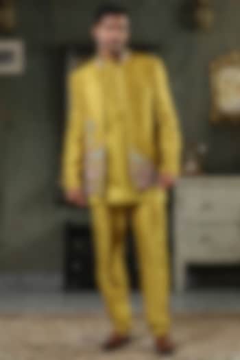 Mustard Yellow Raw Silk Hand Embroidered Indowestern Set by Kudrat Couture