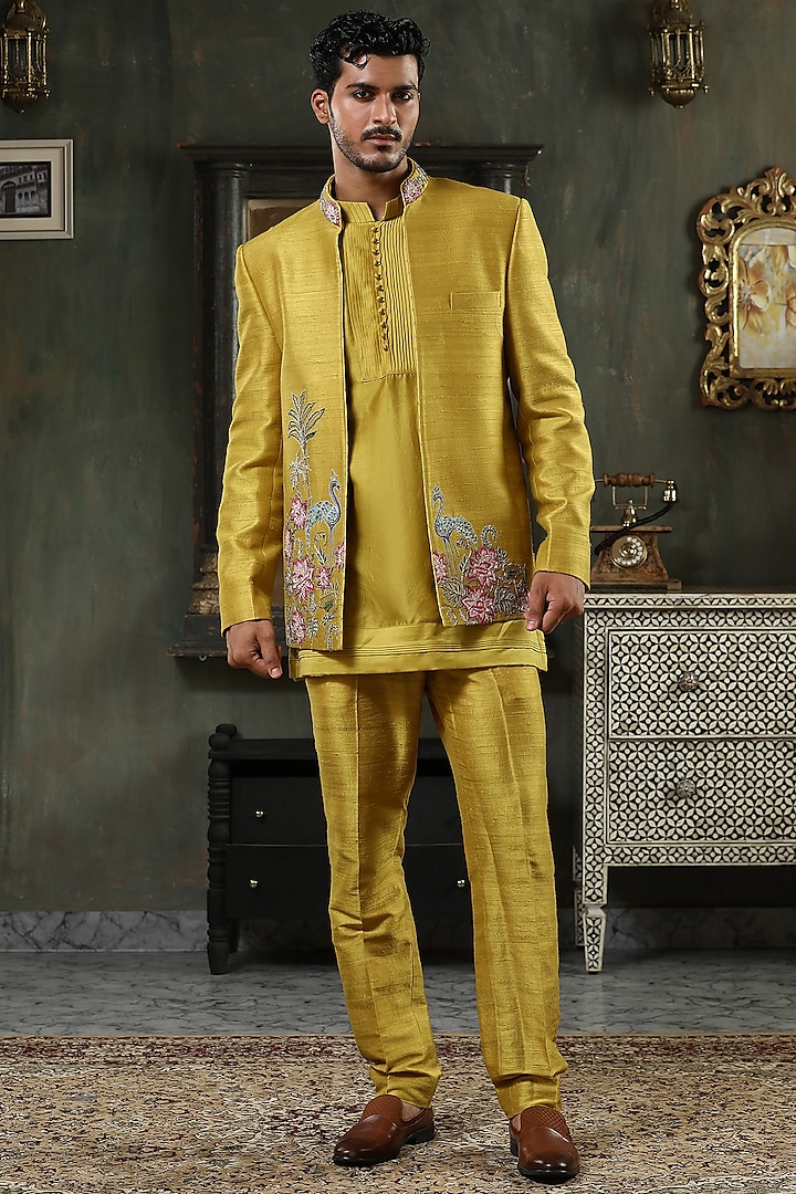 Mustard Yellow Raw Silk Hand Embroidered Indowestern Set by Kudrat Couture