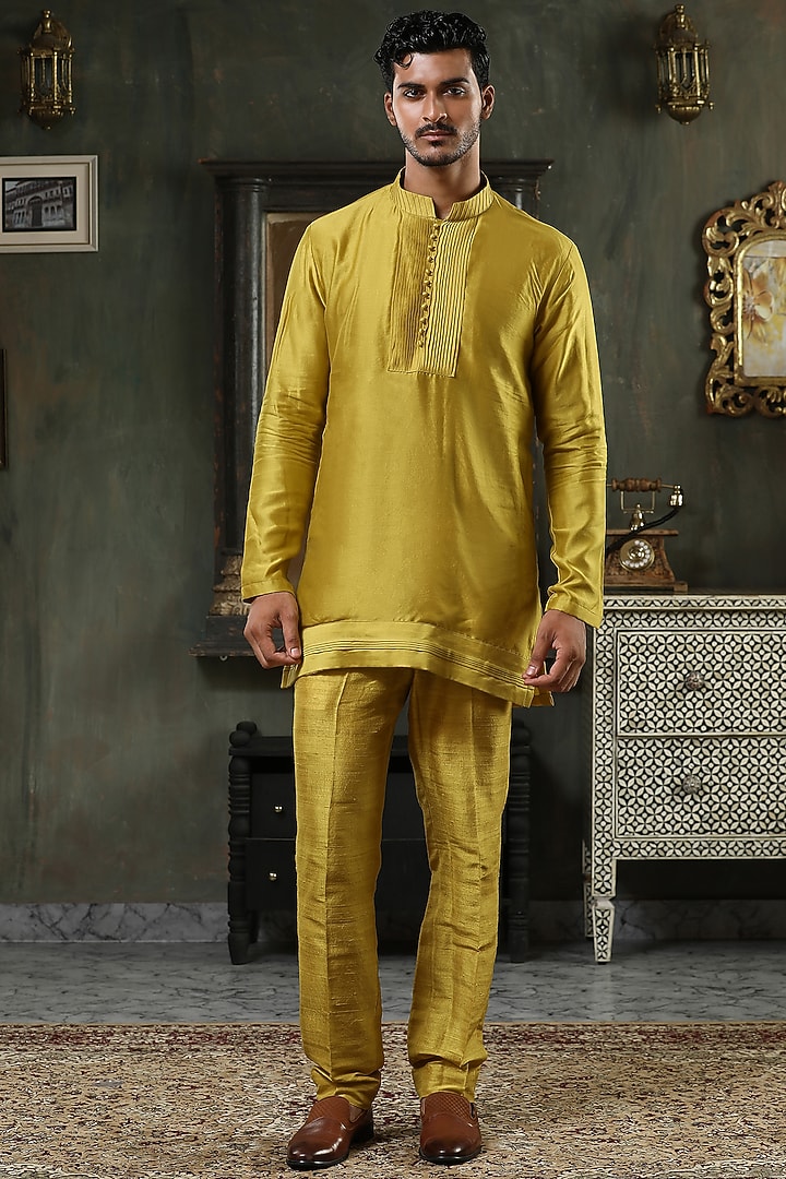 Mustard Yellow Raw Silk Hand Embroidered Wedding Indowestern Set by Kudrat Couture at Pernia's Pop Up Shop