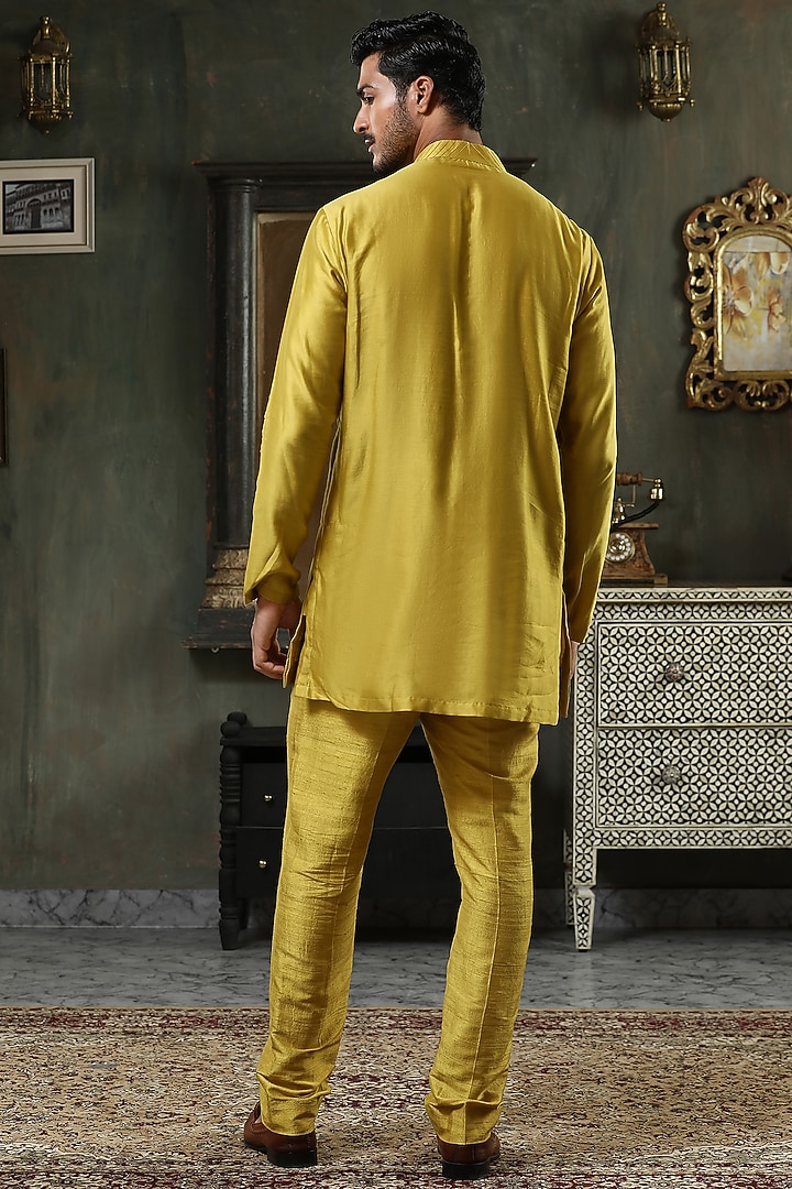 Mustard Yellow Raw Silk Hand Embroidered Wedding Indowestern Set by Kudrat Couture at Pernia's Pop Up Shop