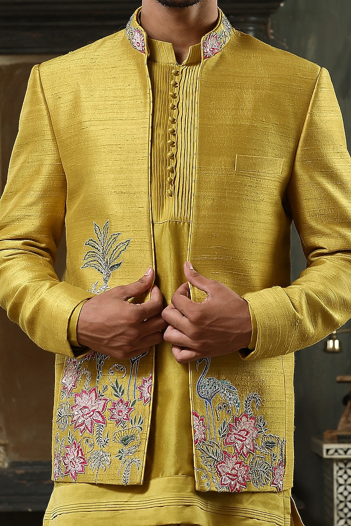 Mustard Yellow Raw Silk Hand Embroidered Wedding Indowestern Set by Kudrat Couture at Pernia's Pop Up Shop