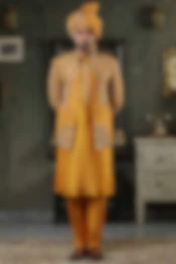 Ochre Silk Hand Embellished Wedding Indowestern Set by Kudrat Couture at Pernia's Pop Up Shop