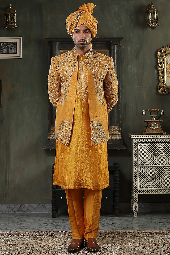 Ochre Silk Hand Embellished Wedding Indowestern Set by Kudrat Couture at Pernia's Pop Up Shop