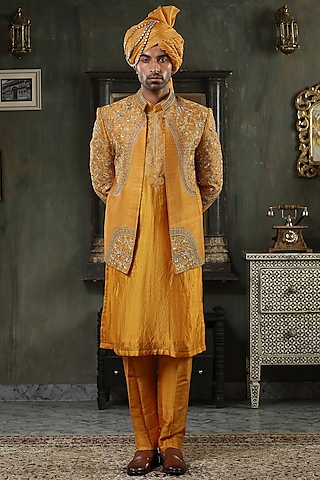 Ochre Silk Hand Embellished Indowestern Set by Kudrat Couture