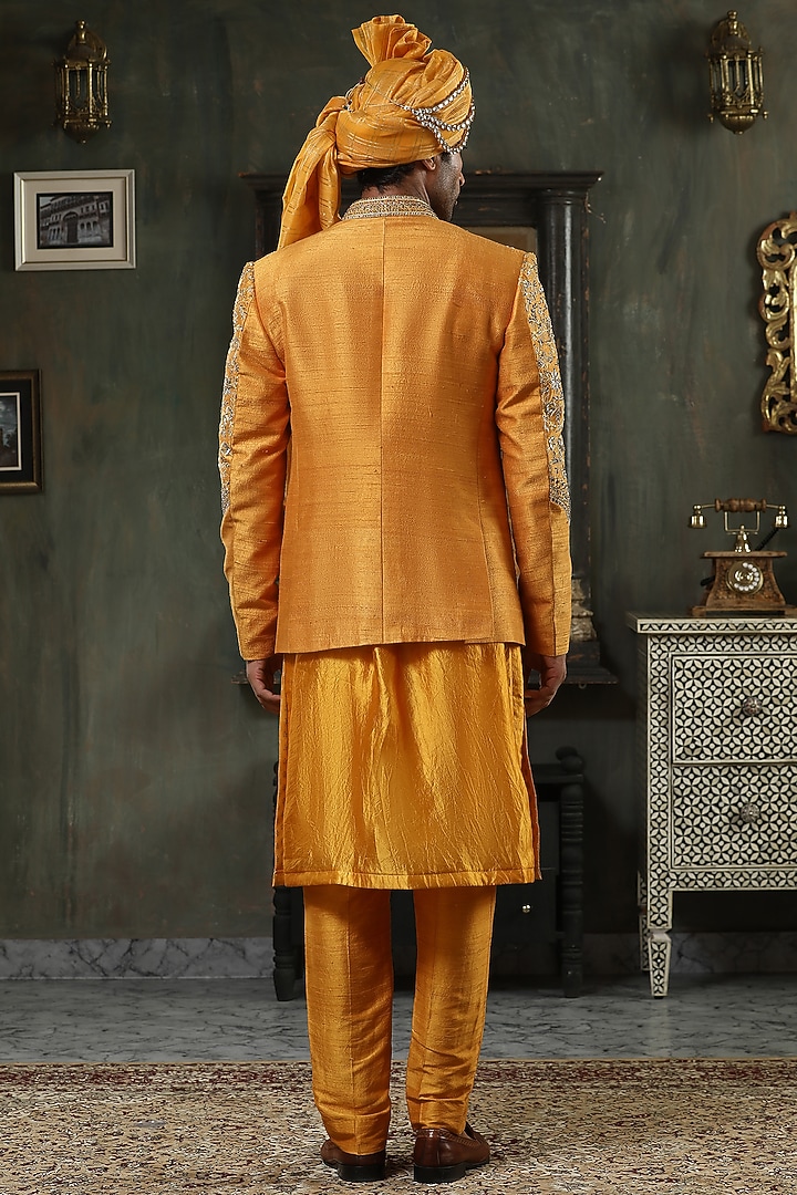 Ochre Silk Hand Embellished Groom Indowestern Set by Kudrat Couture at Pernia's Pop Up Shop