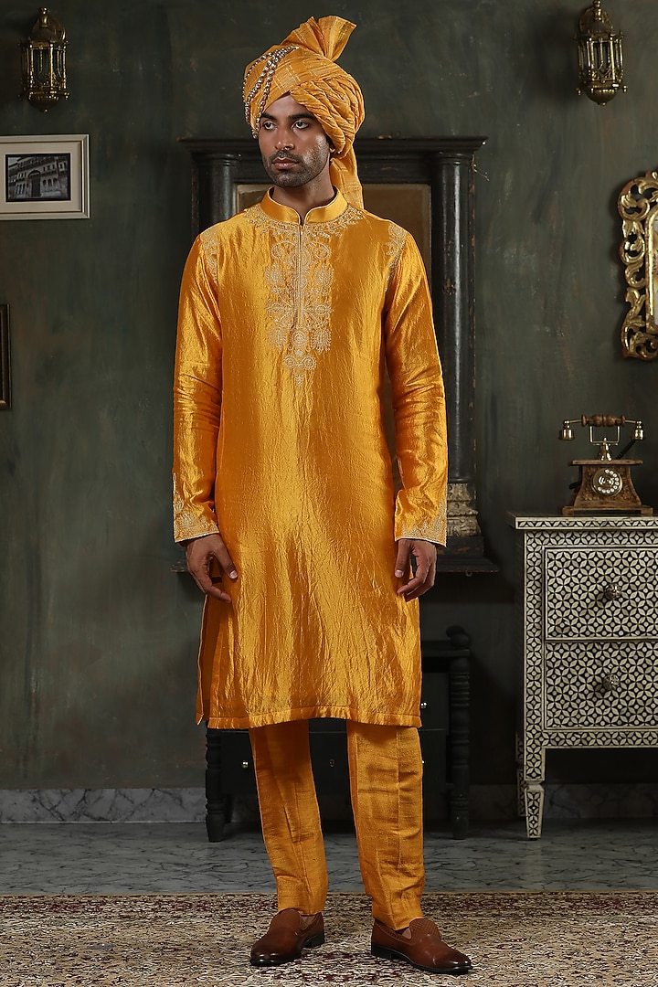 Ochre Silk Hand Embellished Groom Indowestern Set by Kudrat Couture at Pernia's Pop Up Shop