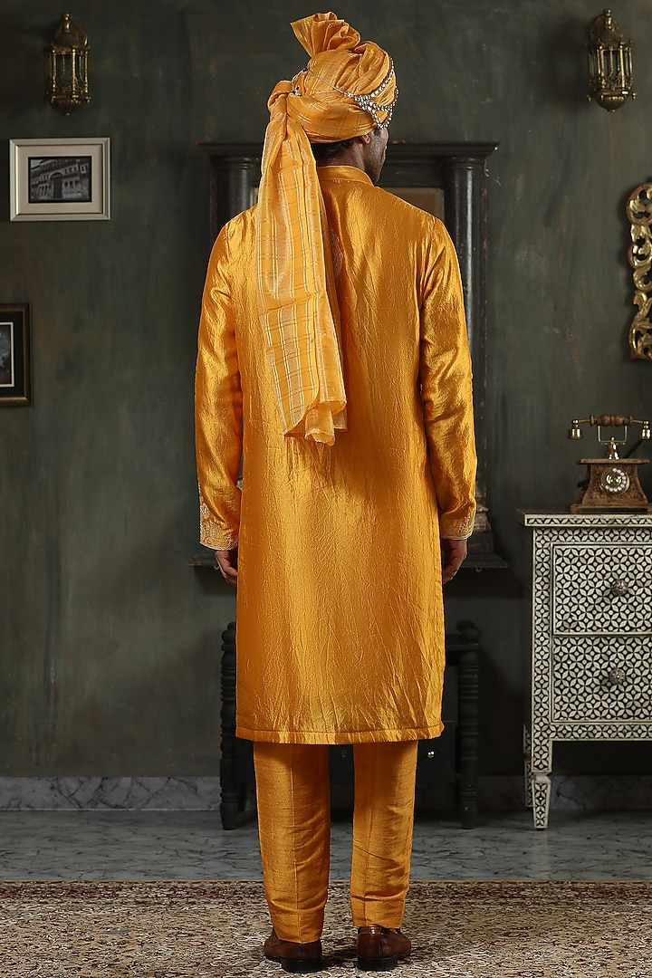 Ochre Silk Hand Embellished Groom Indowestern Set by Kudrat Couture at Pernia's Pop Up Shop