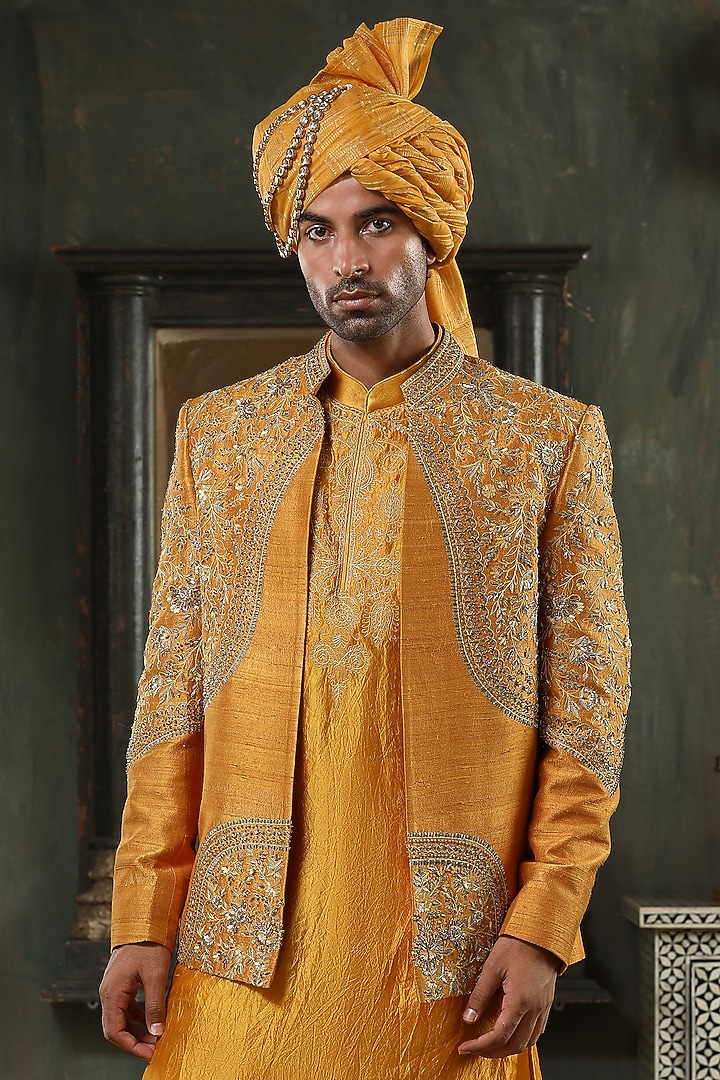 Ochre Silk Hand Embellished Groom Indowestern Set by Kudrat Couture at Pernia's Pop Up Shop