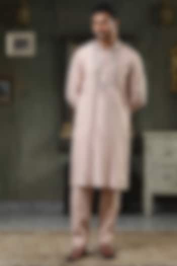 Peach Pure Silk Hand Embroidered Kurta Set by Kudrat Couture