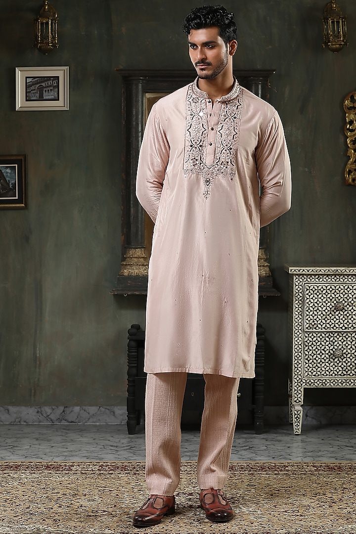 Peach Pure Silk Hand Embroidered Kurta Set by Kudrat Couture
