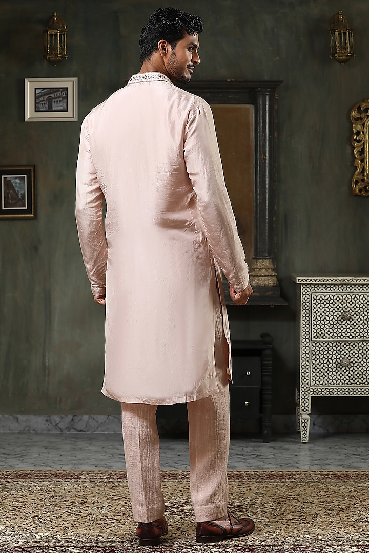 Peach Pure Silk Hand Embroidered Kurta Set by Kudrat Couture at Pernia's Pop Up Shop