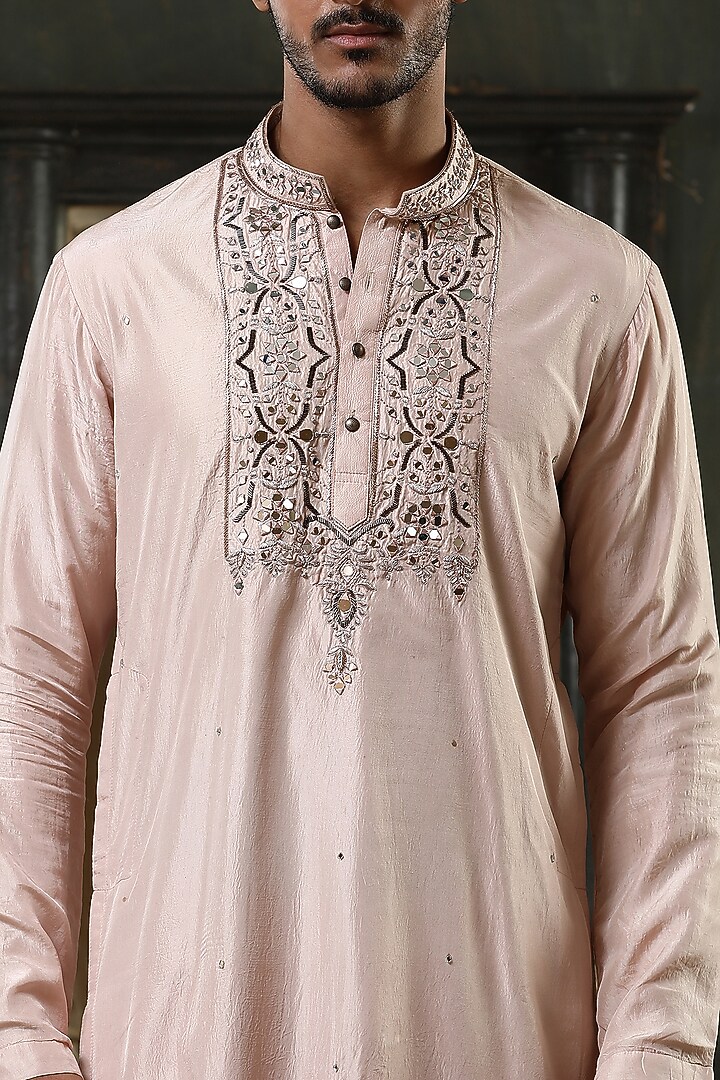 Peach Pure Silk Hand Embroidered Kurta Set by Kudrat Couture at Pernia's Pop Up Shop