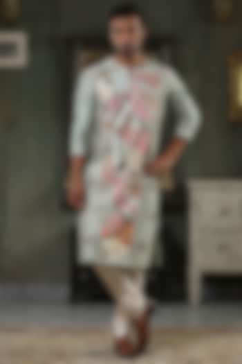 Green Silk Hand Embroidered Kurta Set by Kudrat Couture