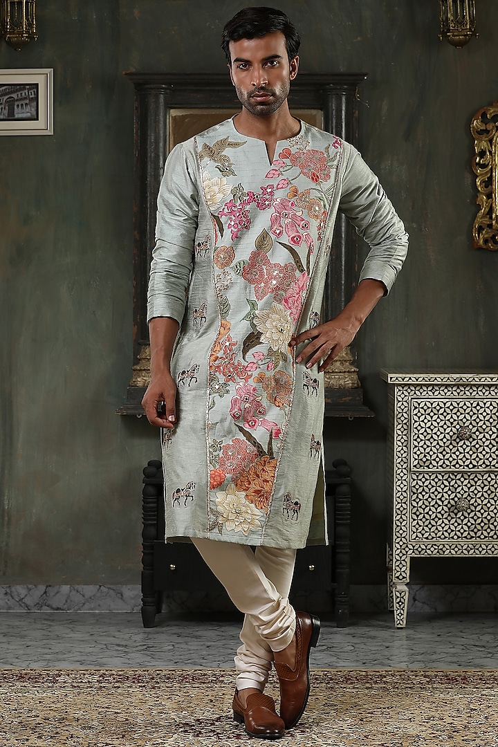 Green Silk Hand Embroidered Kurta Set by Kudrat Couture
