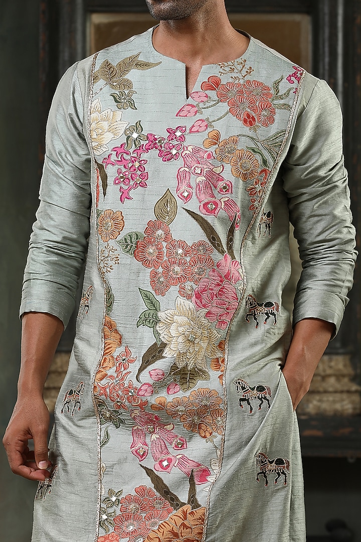 Green Silk Hand Embroidered Kurta Set by Kudrat Couture at Pernia's Pop Up Shop