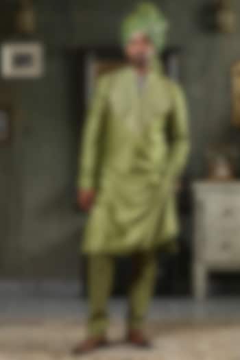 Green Chanderi Silk Zari Embellished Kurta Set by Kudrat Couture