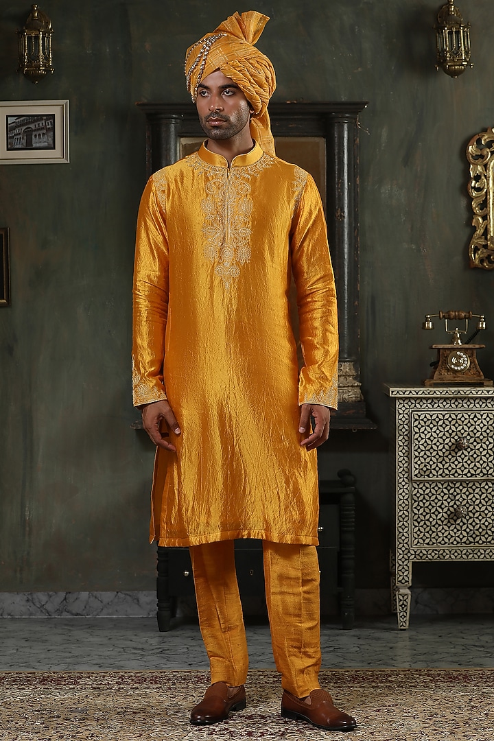 Ochre Silk Zardosi Embroidered Kurta Set by Kudrat Couture at Pernia's Pop Up Shop