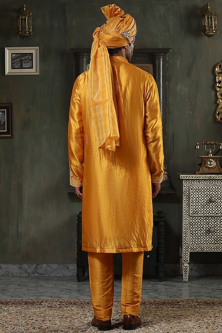 Ochre Silk Zardosi Embroidered Kurta Set by Kudrat Couture