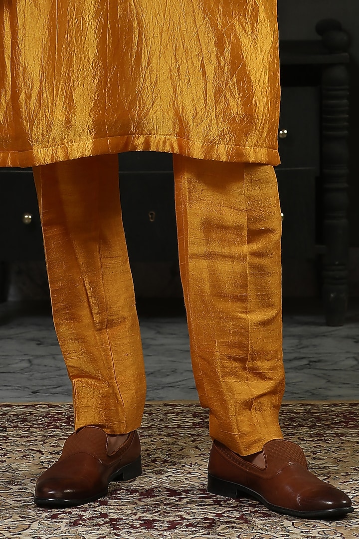 Ochre Silk Zardosi Embroidered Kurta Set by Kudrat Couture at Pernia's Pop Up Shop
