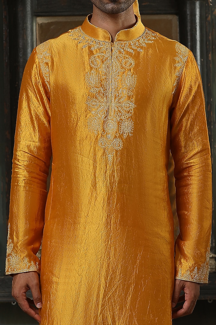 Ochre Silk Zardosi Embroidered Kurta Set by Kudrat Couture at Pernia's Pop Up Shop