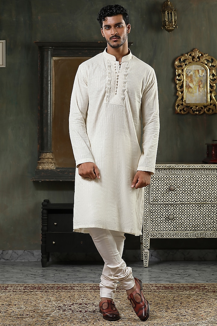Pristine White Cotton Silk Kurta Set by Kudrat Couture
