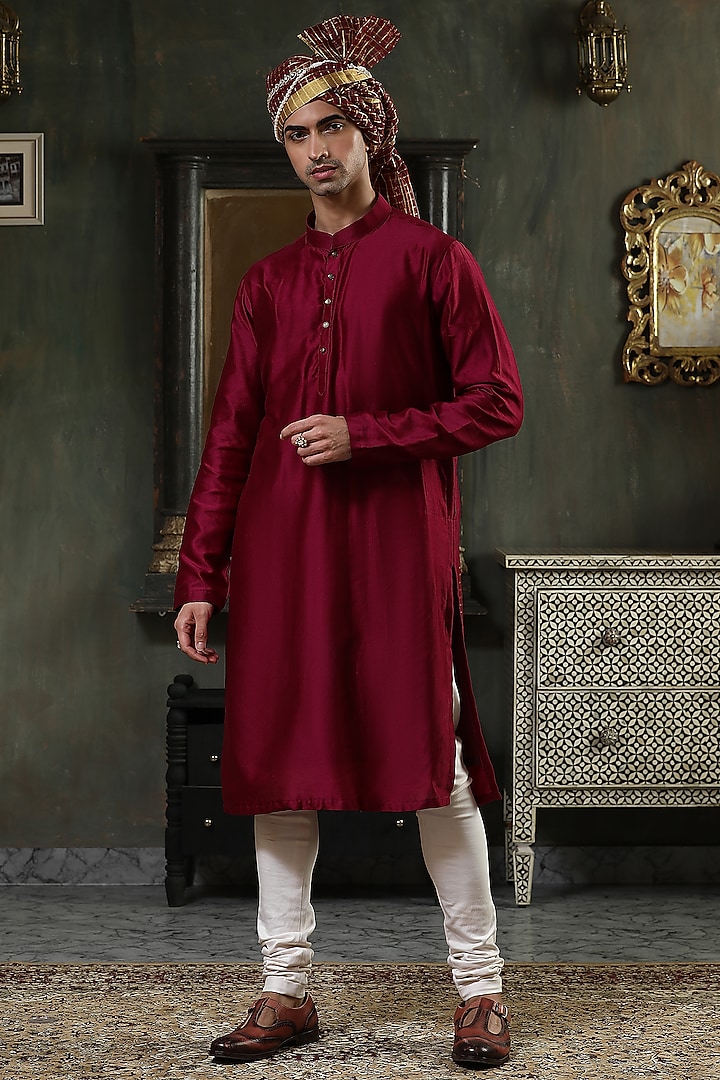 Maroon Chanderi Silk Kurta Set by Kudrat Couture