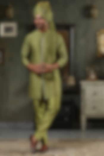 Green Raw Silk Hand Embroidered Kurta Set by Kudrat Couture