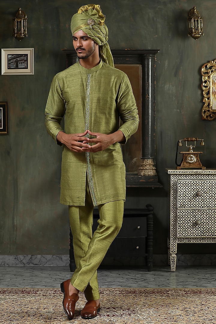 Green Raw Silk Hand Embroidered Kurta Set by Kudrat Couture