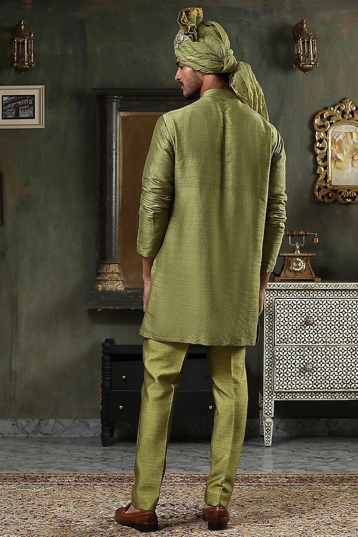 Green Raw Silk Hand Embroidered Kurta Set by Kudrat Couture at Pernia's Pop Up Shop