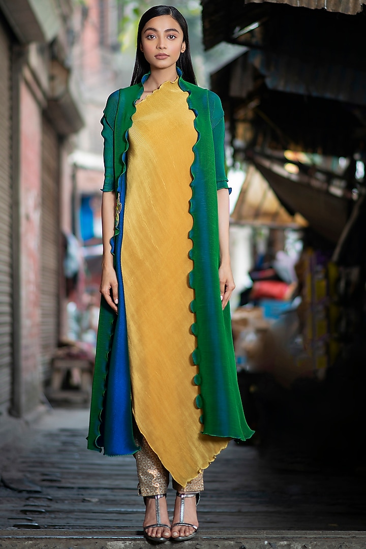 Emerald Green Pleated Angrakha Dress by Kiran Uttam Ghosh