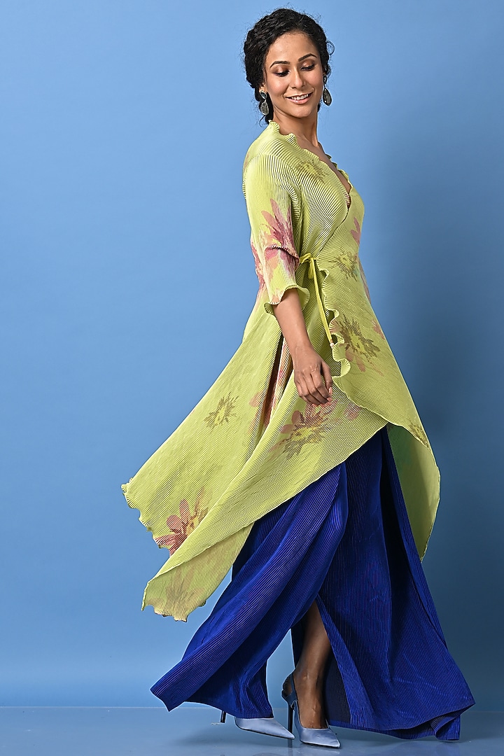 Indigo Pleated Polyester Wide-Leg Trousers by Kiran Uttam Ghosh at Pernia's Pop Up Shop