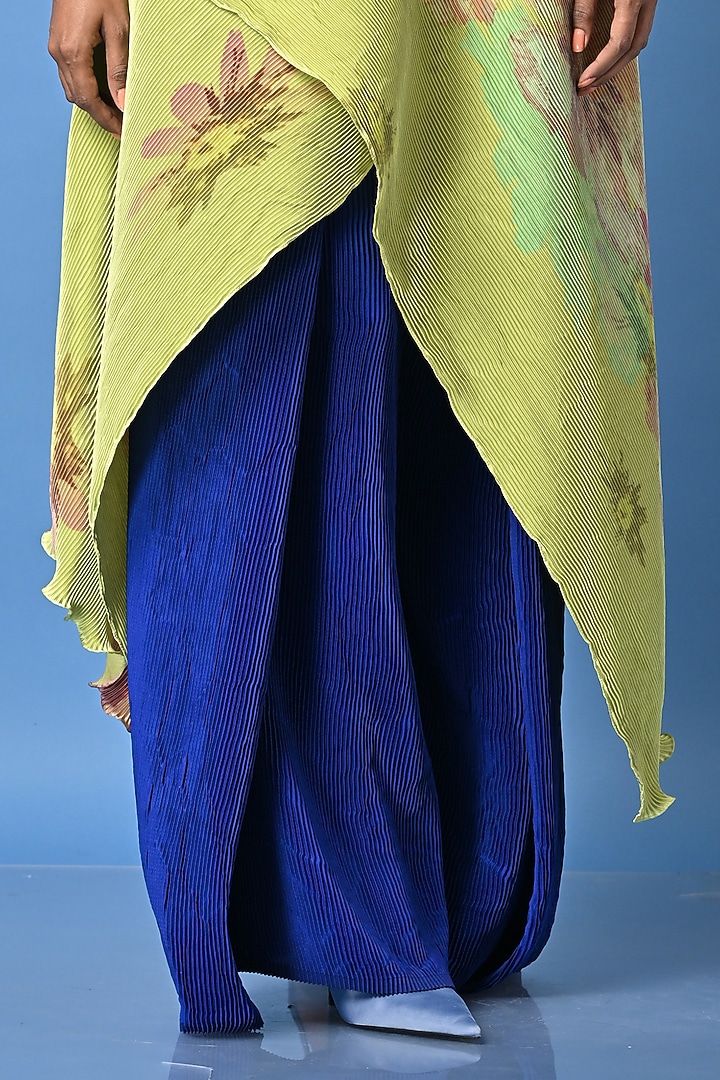 Indigo Pleated Polyester Wide-Leg Trousers by Kiran Uttam Ghosh at Pernia's Pop Up Shop
