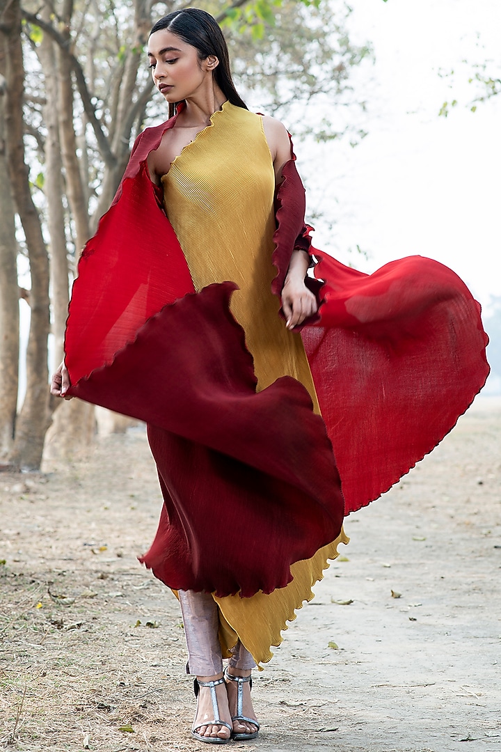 Mustard Pleated Polyester One-Shoulder Dress by Kiran Uttam Ghosh at Pernia's Pop Up Shop