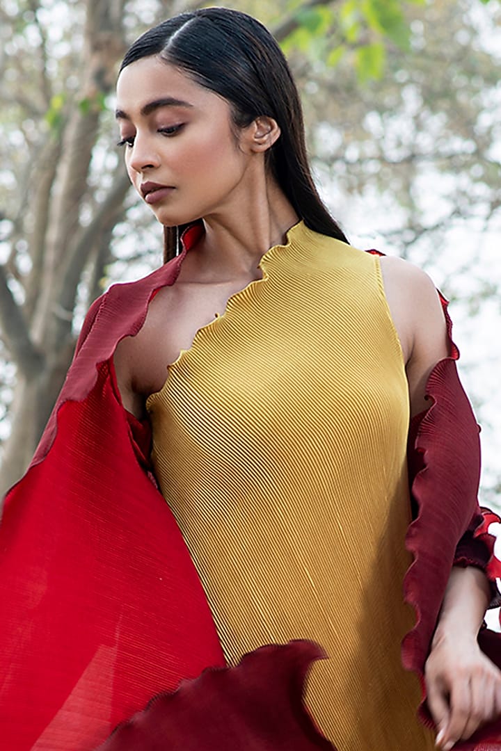 Mustard Pleated Polyester One-Shoulder Summer Dress by Kiran Uttam Ghosh at Pernia's Pop Up Shop