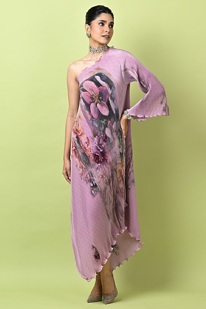 Pink Polyester Printed One-Shoulder Vacation Dress by Kiran Uttam Ghosh at Pernia's Pop Up Shop