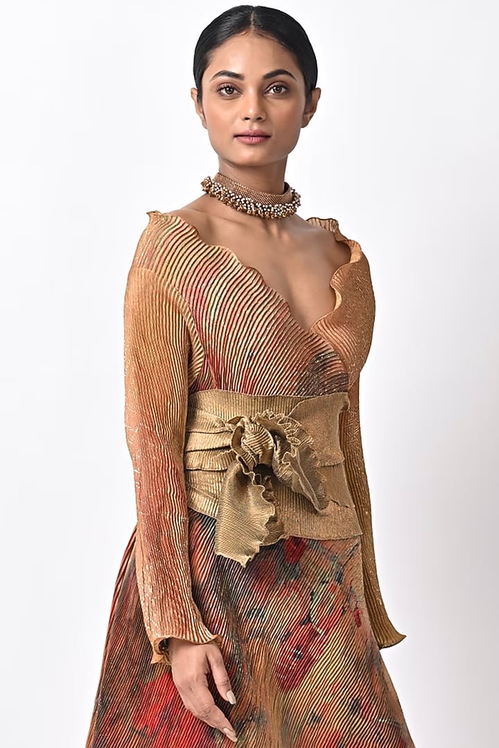 Gold Pleated Polyester Belt by Kiran Uttam Ghosh at Pernia's Pop Up Shop