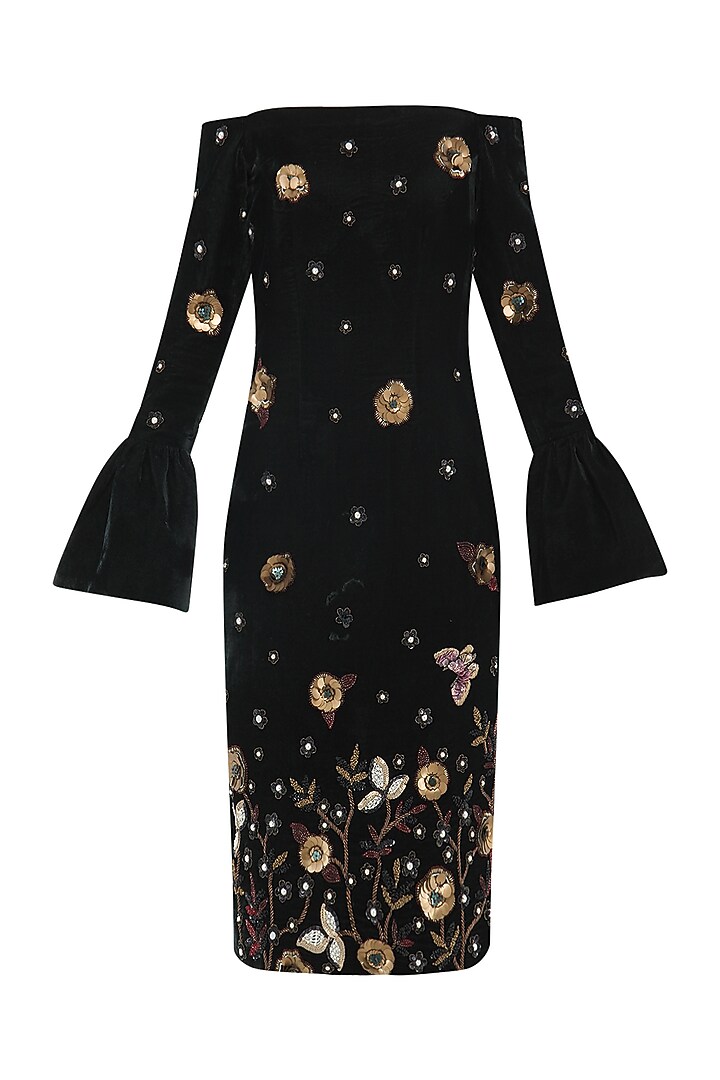 Bottle green embroidered off shoulder dress available only at Pernia's Pop Up Shop.