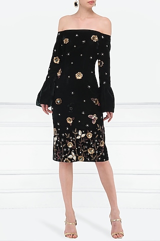 Bottle Green Embroidered Off-Shoulder Dress by Kukoon