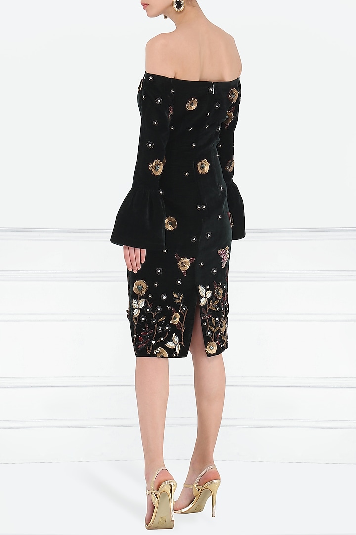 Bottle green embroidered off shoulder dress available only at Pernia's Pop Up Shop.
