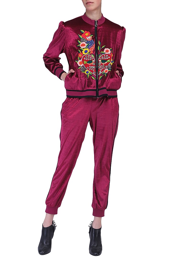 Maroon crop bomber jacket available only at Pernia's Pop Up Shop.