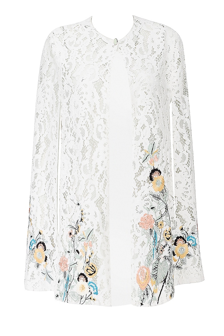 White Floral Embroidered Lace Cape by Kukoon