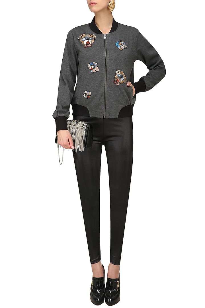 Grey embellished bomber jacket available only at Pernia's Pop Up Shop.